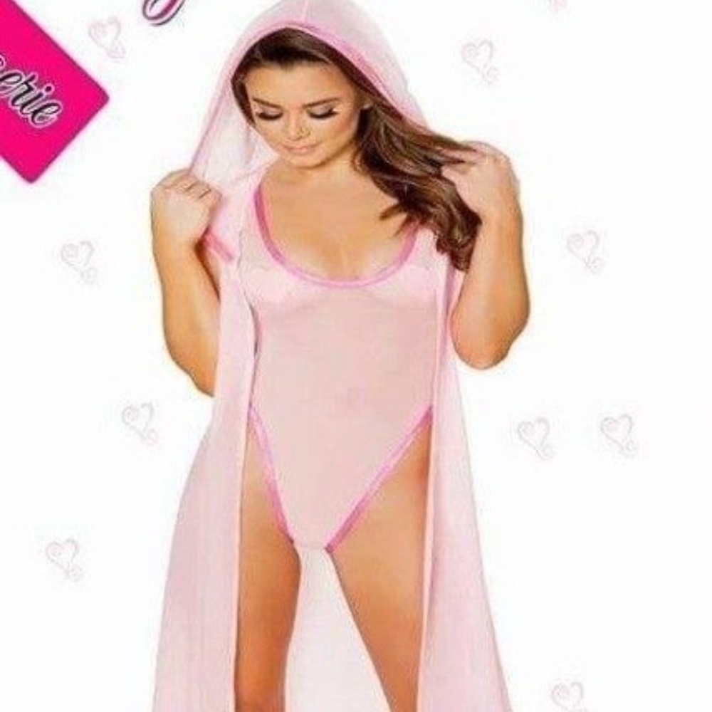 Women Sexy Long Sheer See Through Robe W/Sheer Bodysuit Set Pink Gown/ Sleepwear
